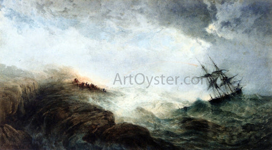 Edward Duncan Ship in Distress, with Figures n the Shore Firing a Rocket - Canvas Print