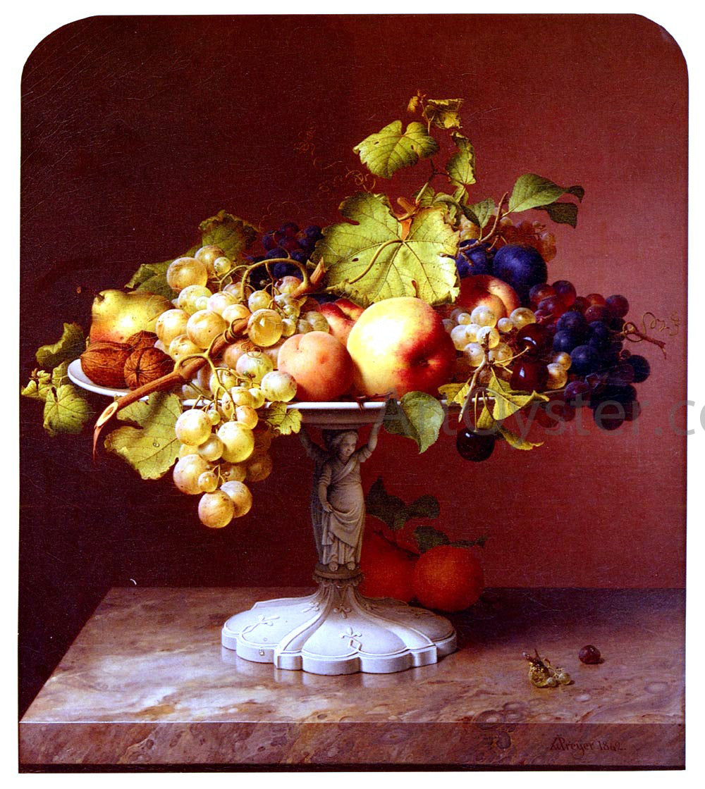 Johann Wilhelm Preyer A Still Life With A Bowl Of Fruit On A Marble Table - Canvas Print