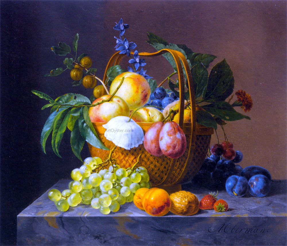 Anthony Oberman A Still Life With Fruit and Flowers in a Basket - Canvas Print