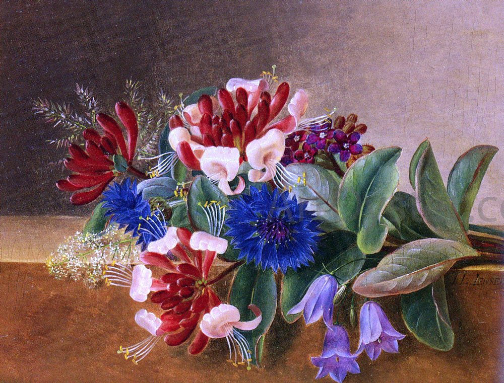 Johan Laurentz Jensen A Still Life with Honeysuckle, Blue Cornflowers and Bluebells on a Marble Ledge - Canvas Print
