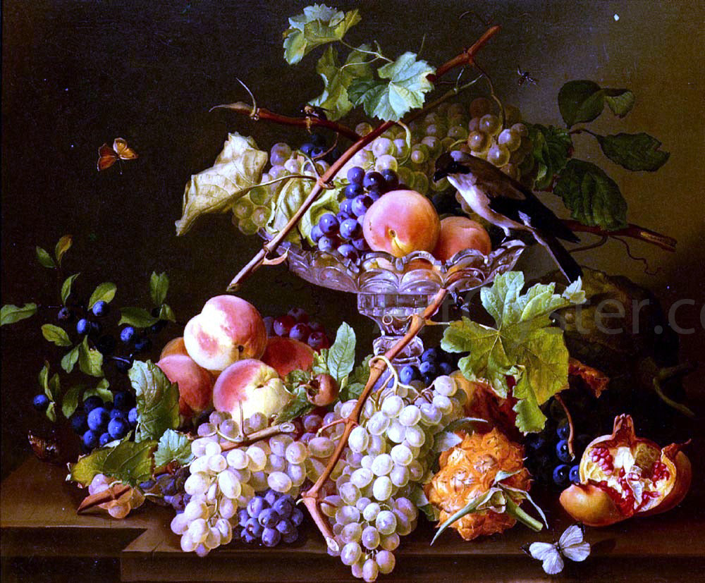 Josef Seboth A Still Life With Song Bird And Fruit In A Crystal Tazza - Canvas Print