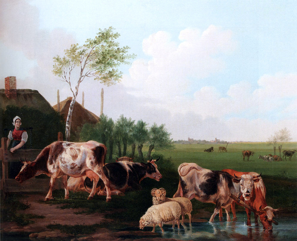 Albertus Verhoesen A Summer Landscape With Cows And Sheep By A Pool And A Milkmaid Watching - Canvas Print