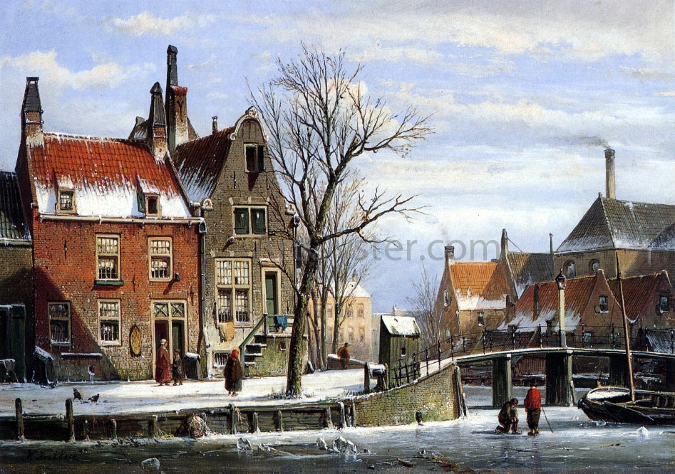 Willem Koekkoek A View in a Town in Winter with Skaters on a Frozen Canal - Canvas Print