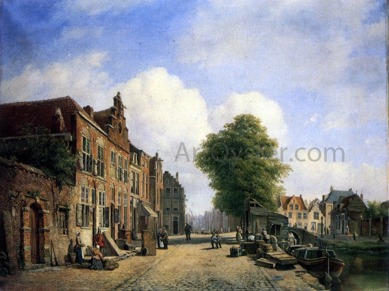Marinus Van Raden A View in a Town with Townsfolk on a Street Along a Canal - Canvas Print
