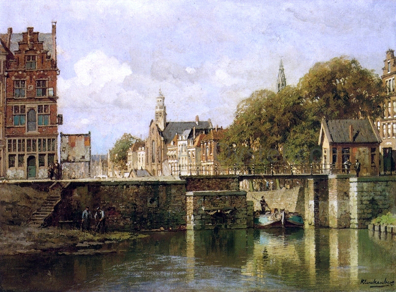 Johannes Karel Klinkenberg A View of Amsterdam with a Man in a Flat on a Canal, a Church in the Distance - Canvas Print