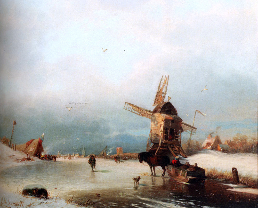 Carl Hilgers A Winter Landscape With A Horse-Drawn Sledge On A Frozen River By A Windmill - Canvas Print