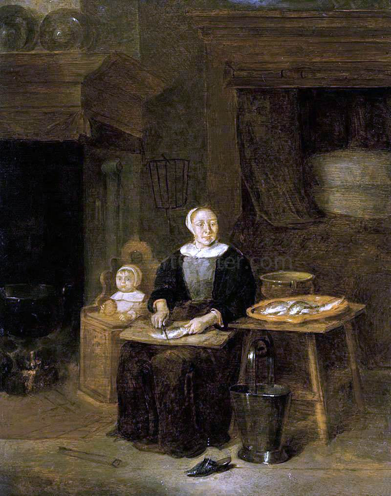 Quiringh Van Brekelenkam A Woman Scaling Fish - Canvas Print