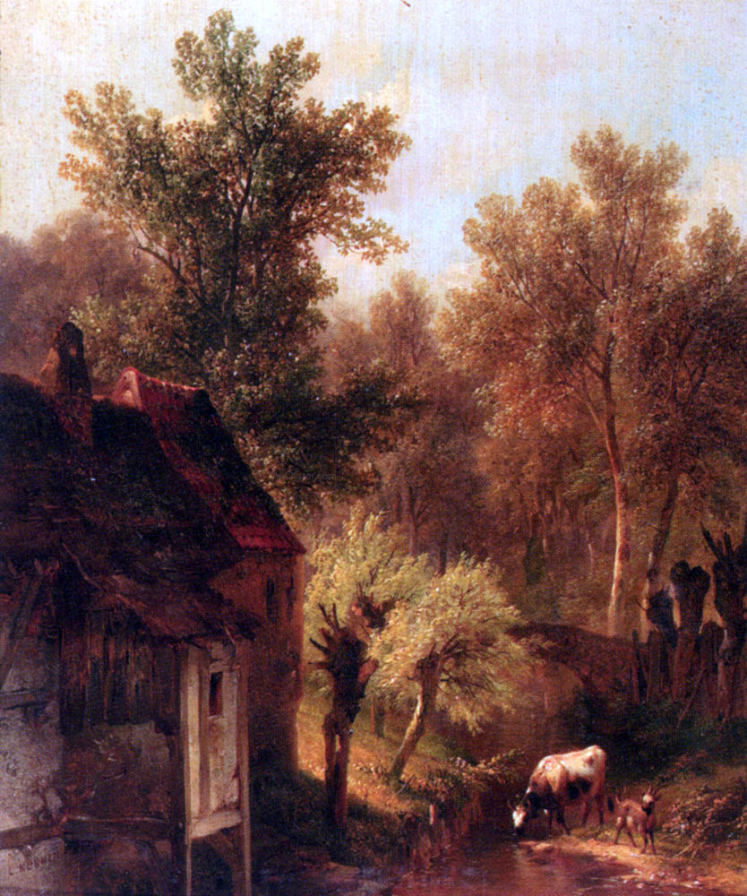 Pieter Lodewijk Kuhnen A Wooded Landscape With Cattle And A Cottage Along A Brook - Canvas Print