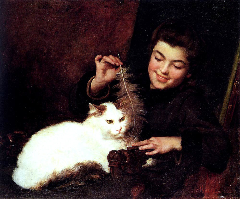 Antoine Jean Bail A Young Girl with a White Cat - Canvas Print