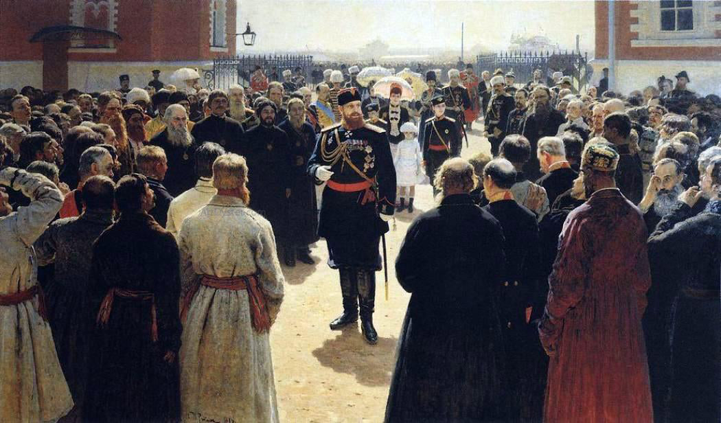 Ilia Efimovich Repin Aleksander III receiving rural district elders in the yard of Petrovsky Palace in Moscow. - Canvas Print
