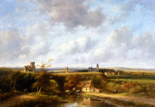 Jan Evert Morel An Extensive Summer Landscape with Peasants by a Farm, A Village in the Distance - Canvas Print