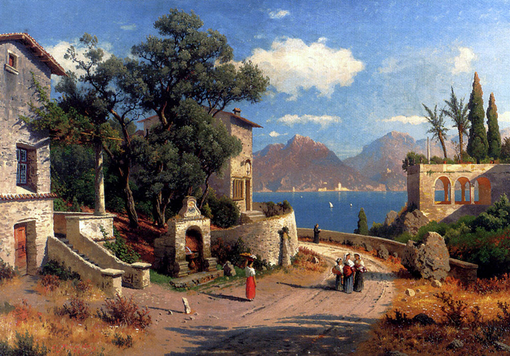 Karl Gustav Rodde An Italian Village By A Lake - Canvas Print