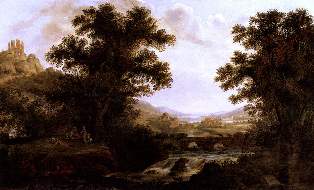 James Lambert An Italianate Landscape With Drovers Crossing A Bridge And Figures By A Camp Fire - Canvas Print
