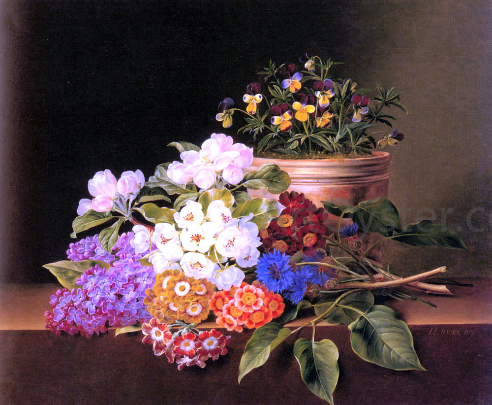 Johan Laurentz Jensen Apple Blossoms, Lilac, Violas, Cornflowers and Primroses on a Ledge - Canvas Print