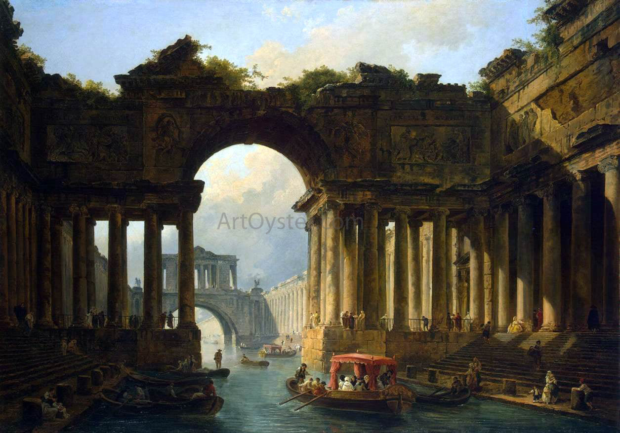 Hubert Robert Architectural Landscape with a Canal - Canvas Print