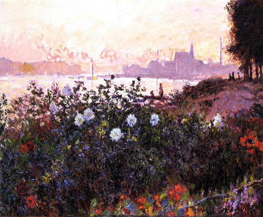 Claude Oscar Monet Argenteuil, Flowers by the Riverbank - Canvas Print