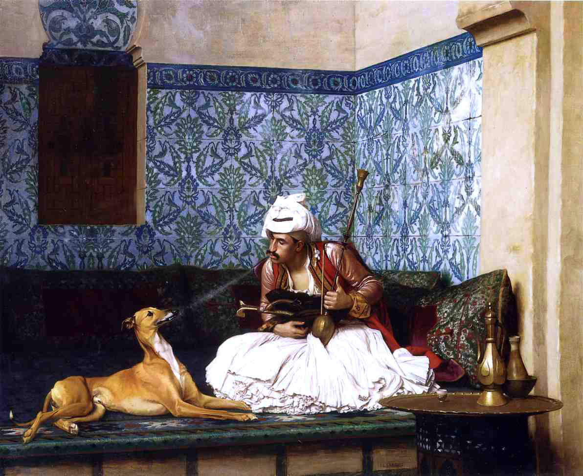 Jean-Leon Gerome Arnaut Blowing Smoke in His Dog's Nose - Canvas Print
