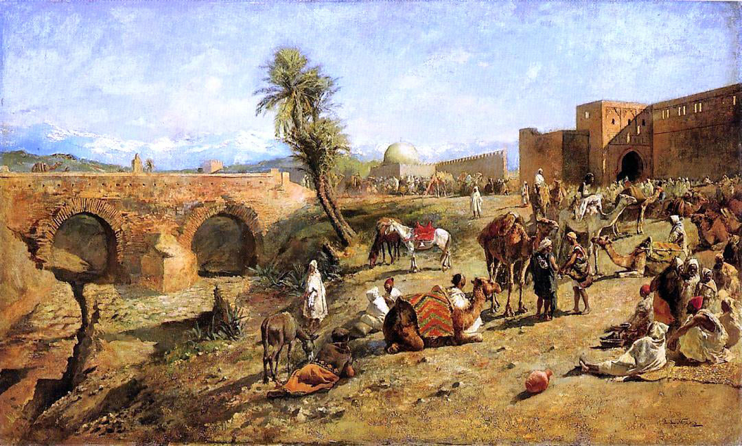 Edwin Lord Weeks Arrival of a Caravan Outside The City of Morocco - Canvas Print