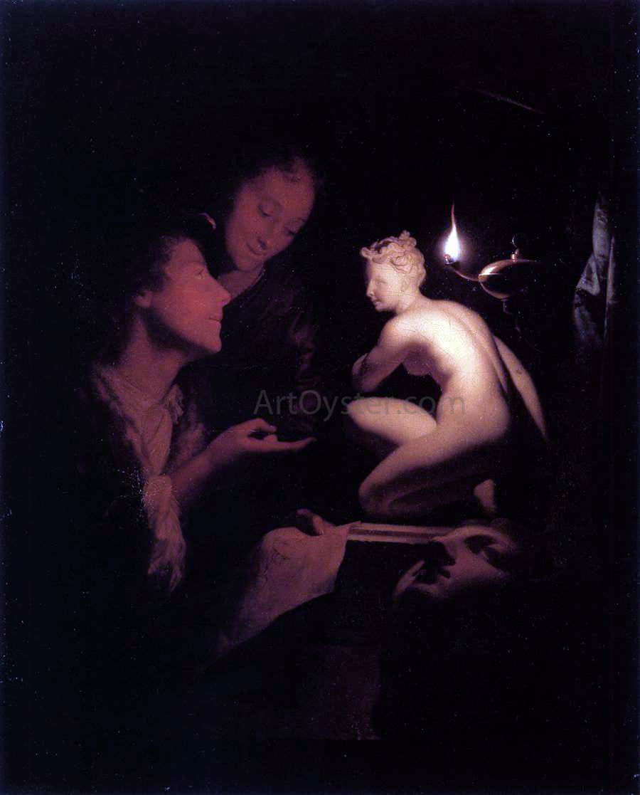 Godfried Schalcken Artist and Model Looking at an Ancient Statue by Lamplight - Canvas Print