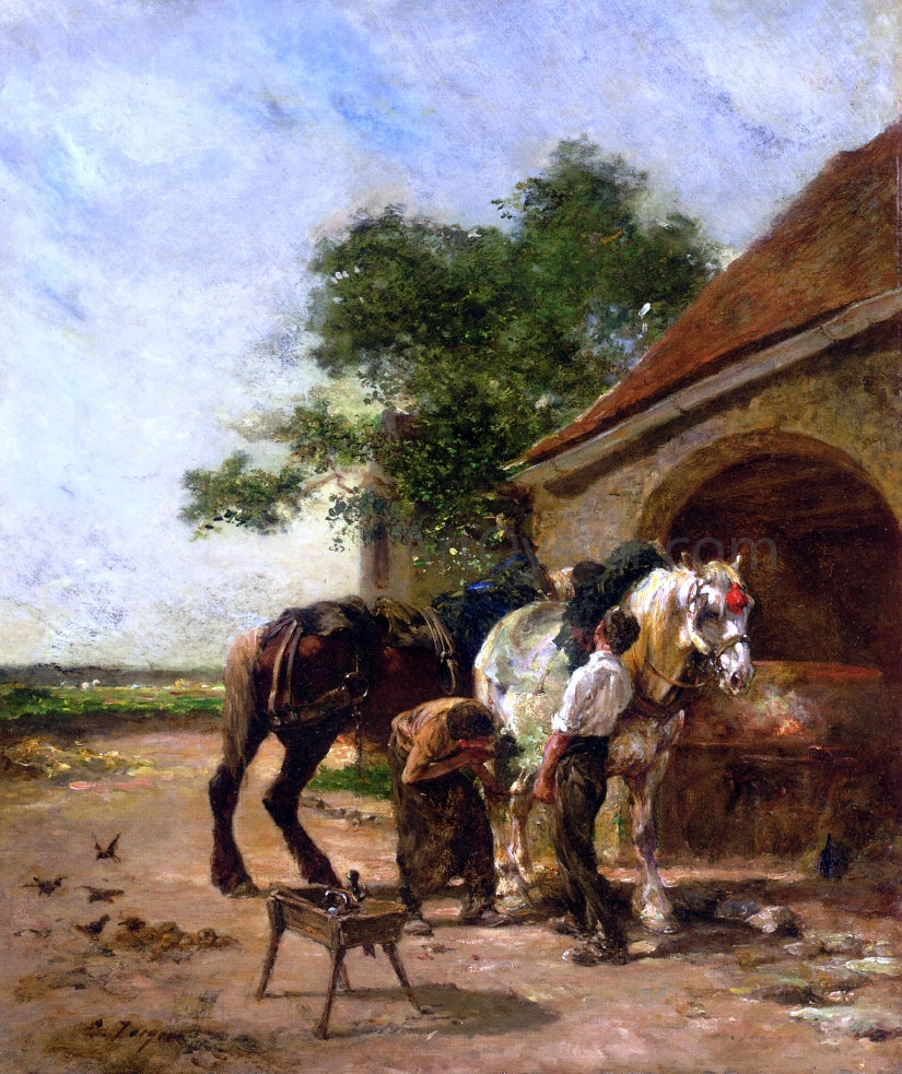 Charles Emile Jacque Attending to the Horses - Canvas Print
