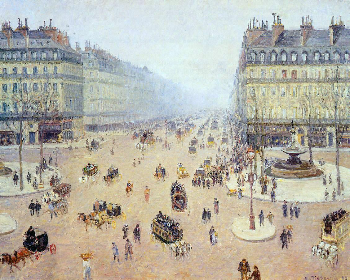 Camille Pissarro Avenue de l'Opera, Place du Thretre Francais: Misty Weather - Canvas Print