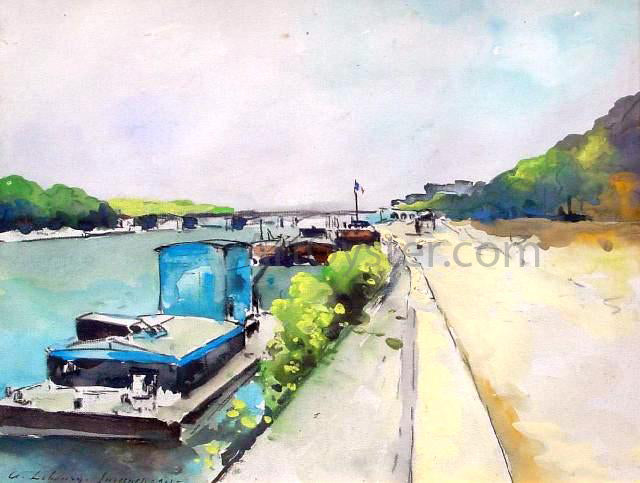 Albert Lebourg Barges Along the Seine - Canvas Print