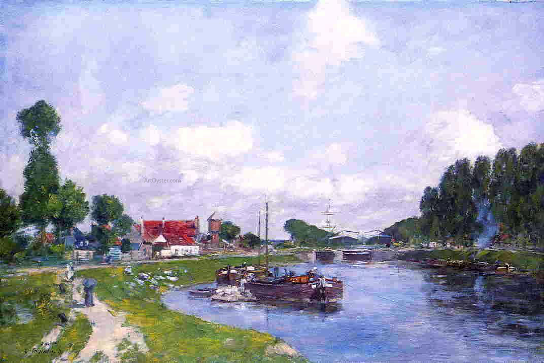 Eugene-Louis Boudin Barges on the Canal, Saint-Valery-sur-Somme - Canvas Print