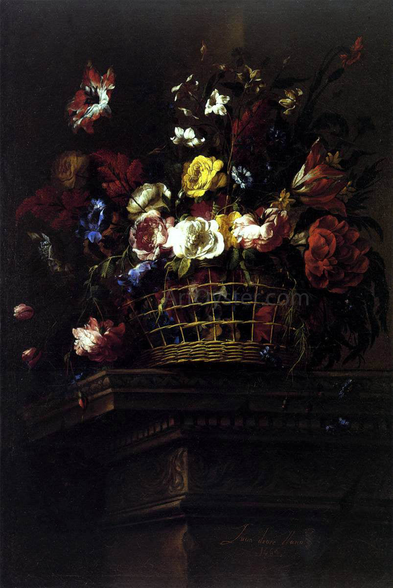 Juan De Arellano Basket of Flowers on a Plinth - Canvas Print
