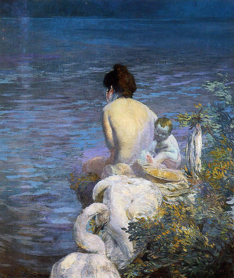 Paul Albert Besnard Bather with Child and Swan by the Sea - Canvas Print