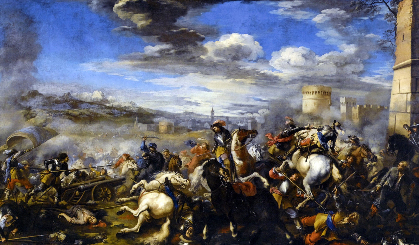 Jacques Courtois Battle Scene with Infantry Cavalry and Cannon - a Fortress and a City Beyond - Canvas Print