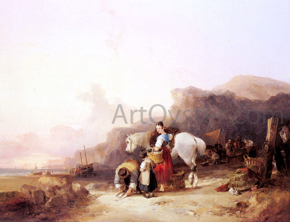 Senior William Shayer Beach Scene with Fisherfolk - Canvas Print
