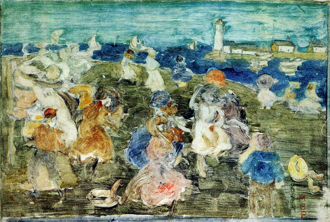 Maurice Prendergast Beach Scene with Lighthouse (also known as Children at the Seashore) - Canvas Print
