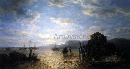 Francois Etienne Musin Beached Bomschuiten and Shrimp Fishers by a Jetty at Low Tide - Canvas Print