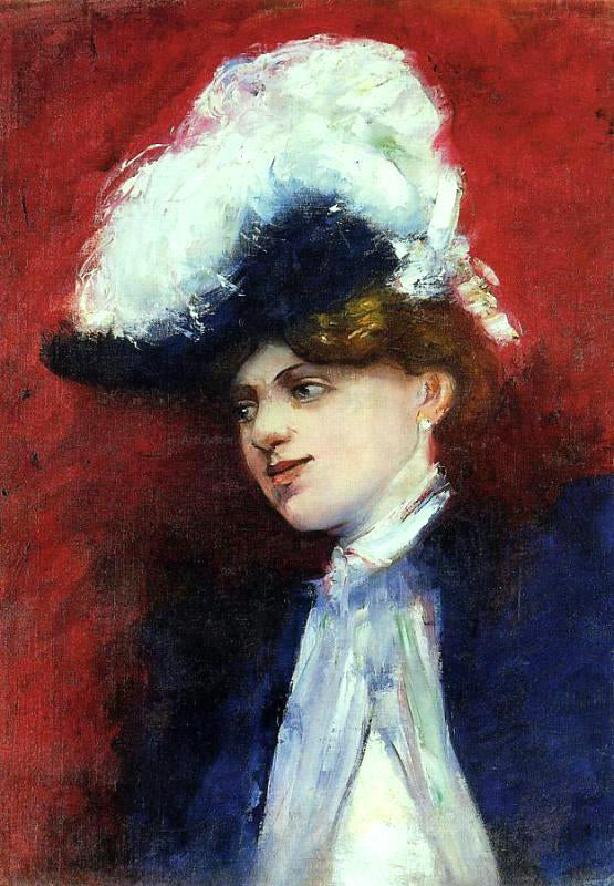 Lesser Ury Beautiful Woman with Feathered Hat - Canvas Print