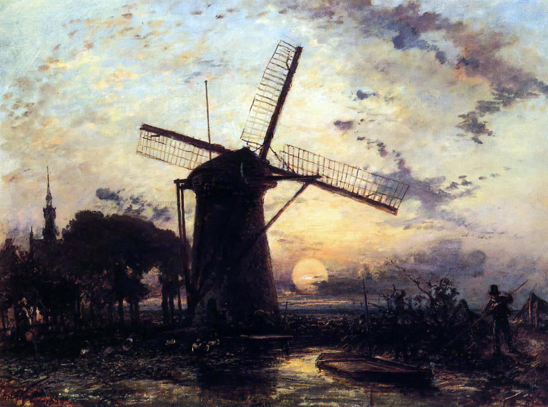 Johan Barthold Jongkind Boatman by a Windmill at Sundown - Canvas Print