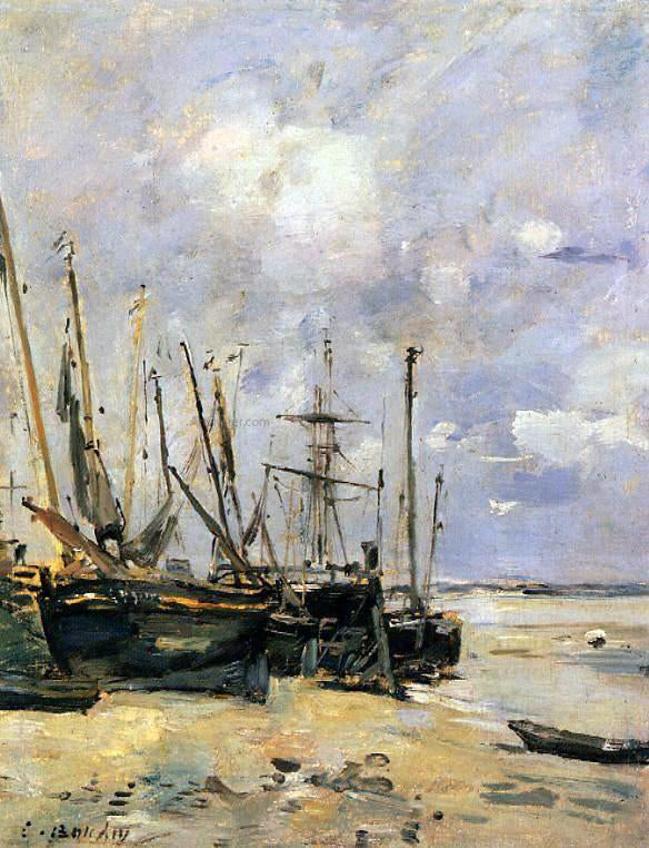 Eugene-Louis Boudin Boats at the Beach at Low Tide - Canvas Print