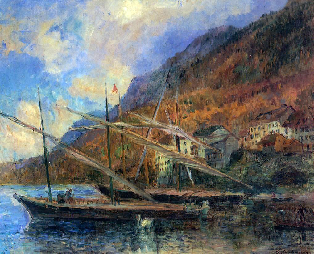 Albert Lebourg Boats by the Banks of Lake Geneva at Saint-Gingolph - Canvas Print