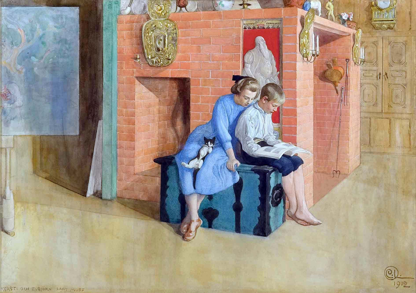 Carl Larsson Book for three (also known as TRE OM EN BOK / KERSTI OCH ESBJORN SAMT MUFF) - Canvas Print