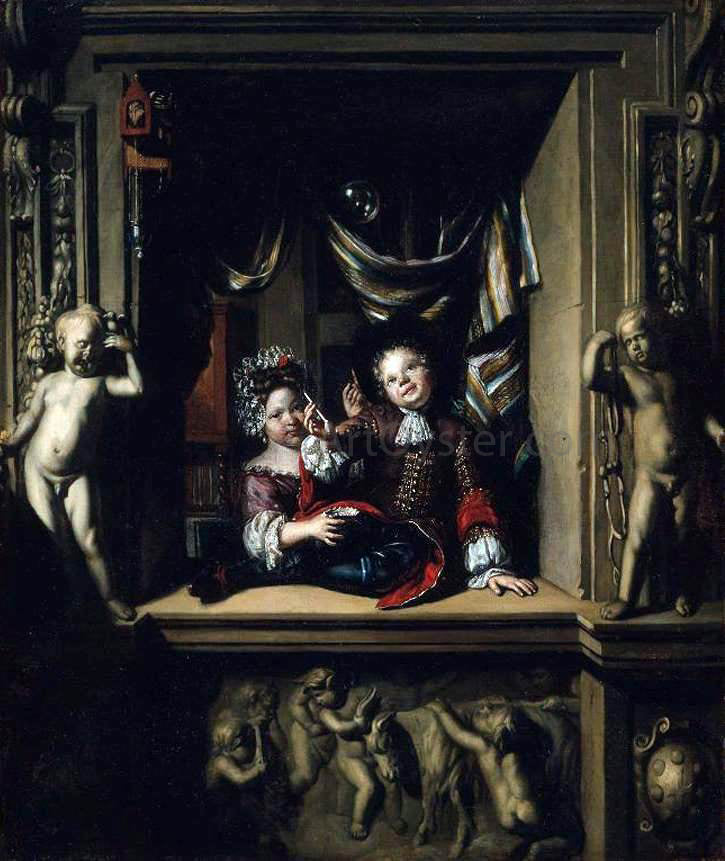 Matthijs Naiveu Boy and Girl Blowing Soap Bubbles - Canvas Print