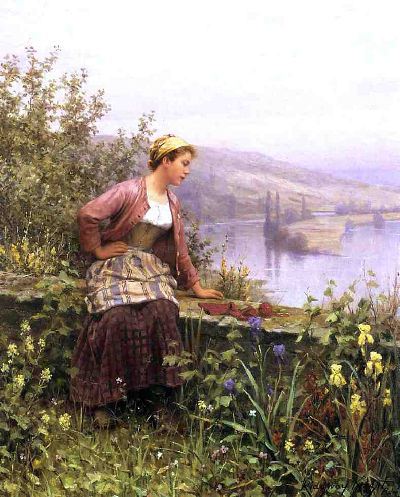 Daniel Ridgway Knight Brittany Girl Overlooking Stream - Canvas Print