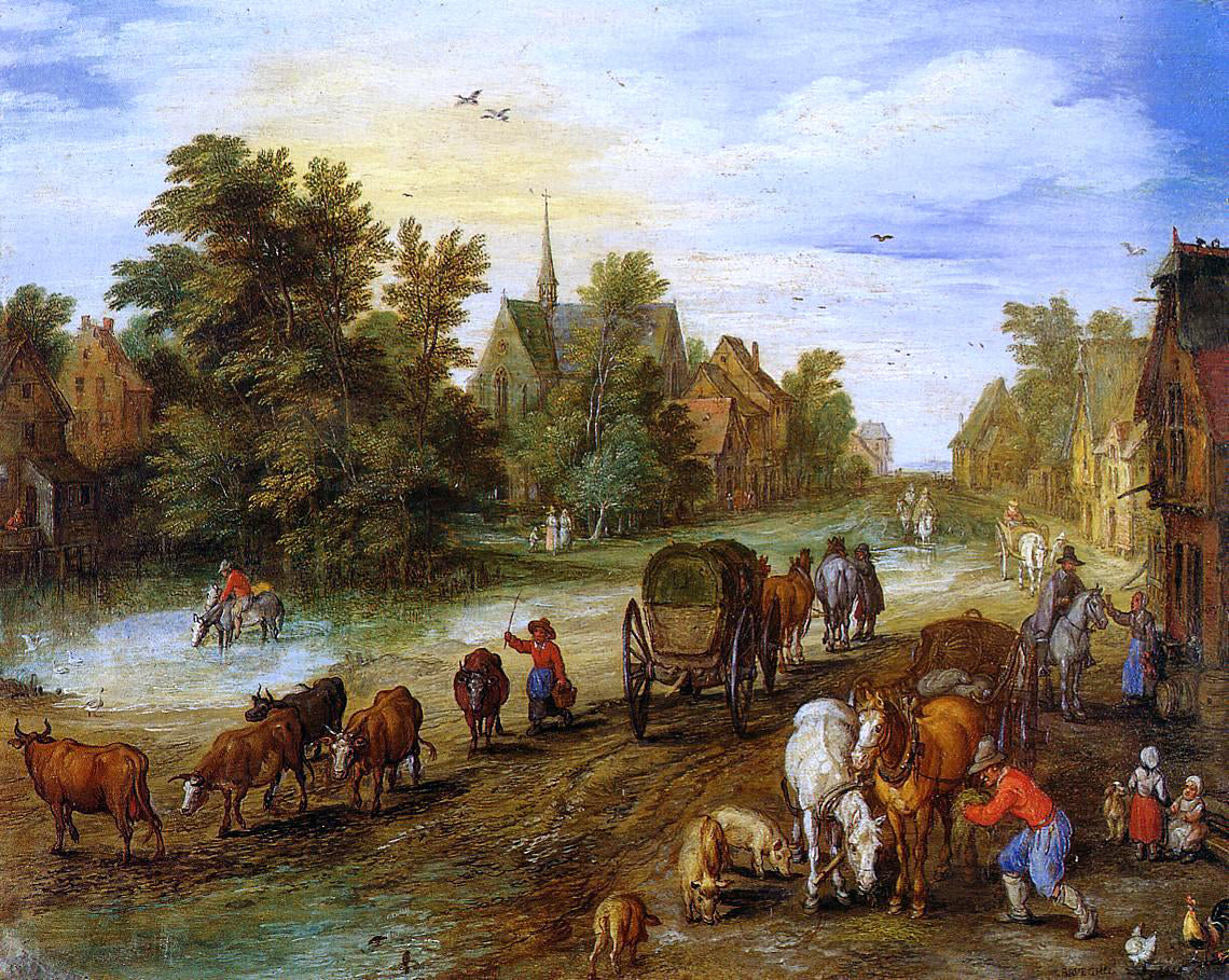 The Elder Jan Bruegel Busy Village Street with Resting Travellers - Canvas Print
