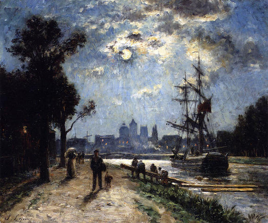 Stanislas Lepine Caen, Le Long de l'Orne peint depuis le cours Caffarelli, effet de lune - Canvas Print