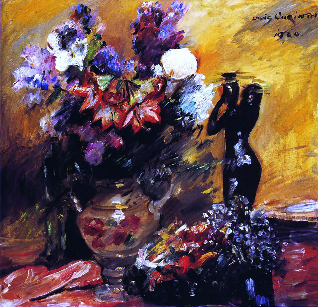 Lovis Corinth Cala lilies andn Lilacs with a Bronze Figurine - Canvas Print