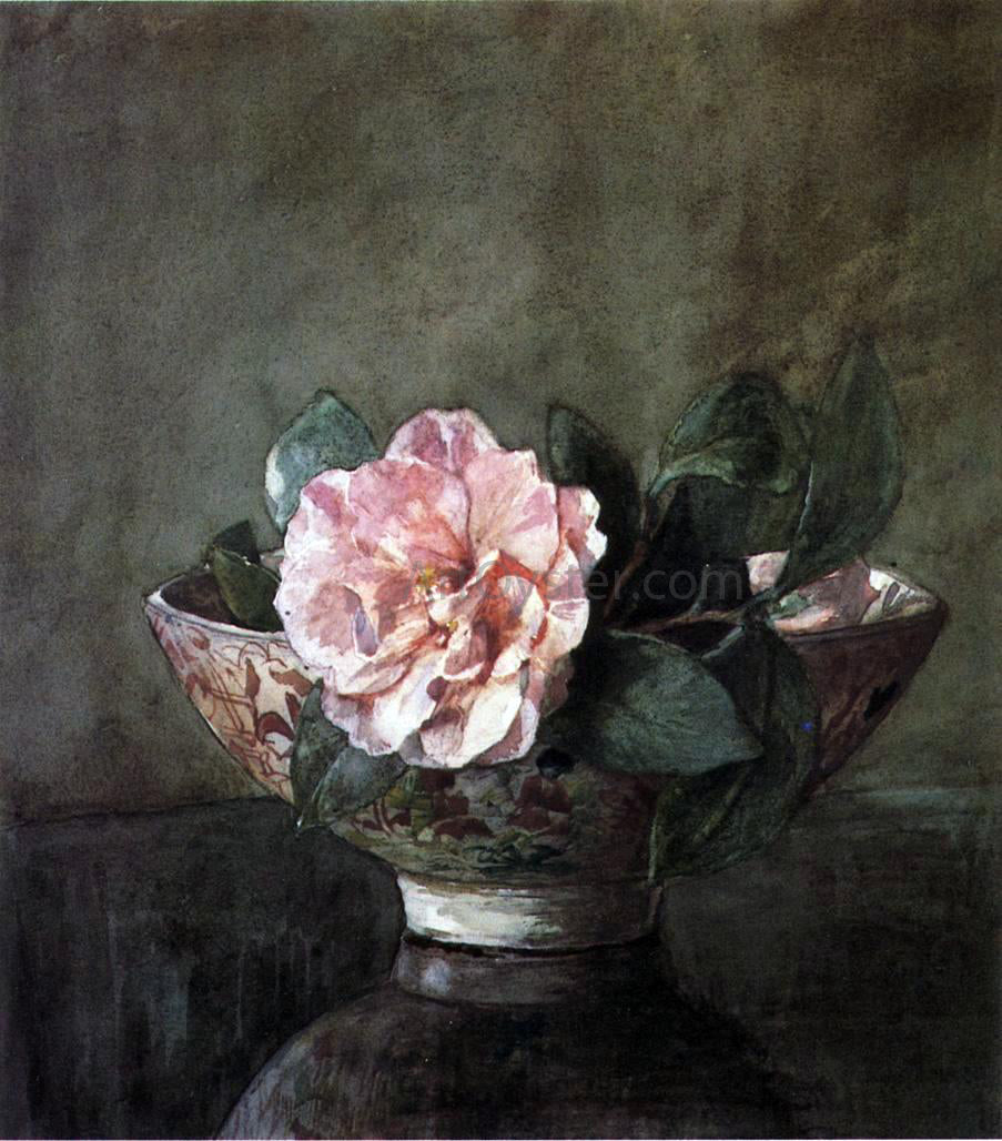 John La Farge Camellia in Old Chinese Vase on Black Lacquer Table - Canvas Print