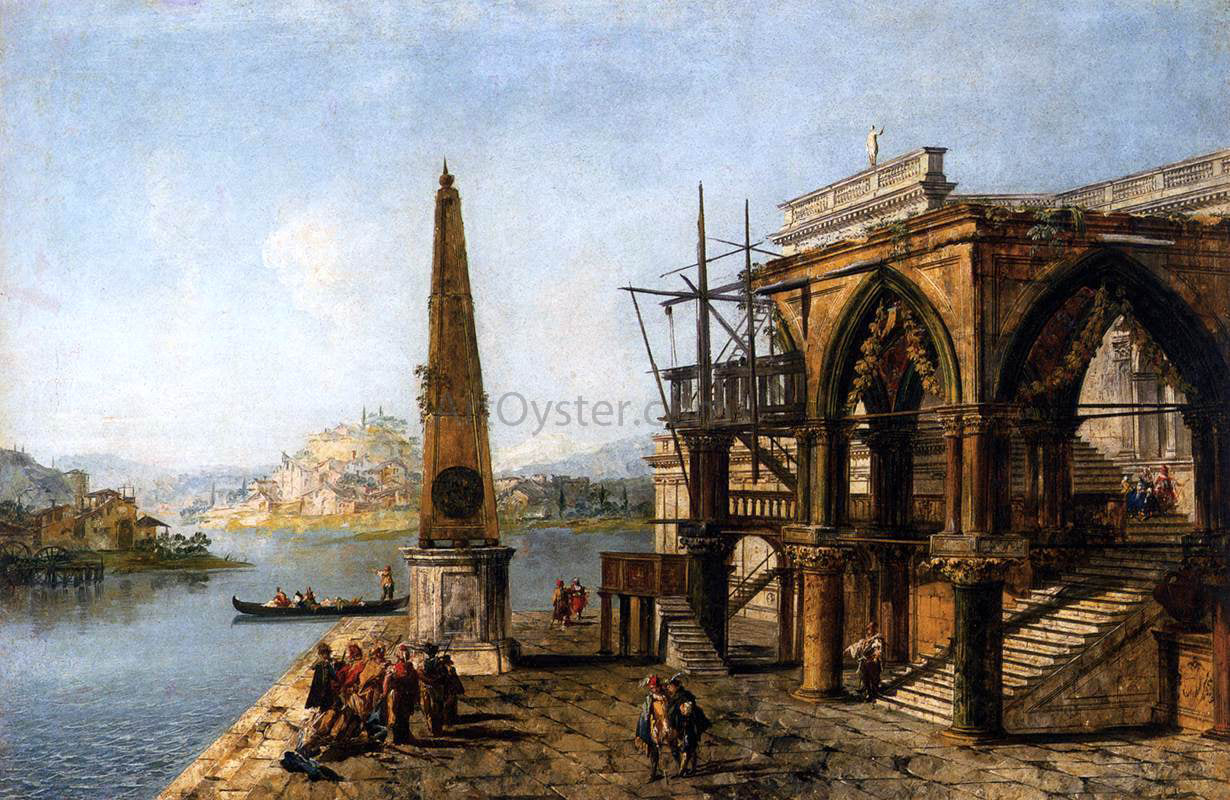 Michele Marieschi Capriccio with Gothic Building and Obelisk - Canvas Print