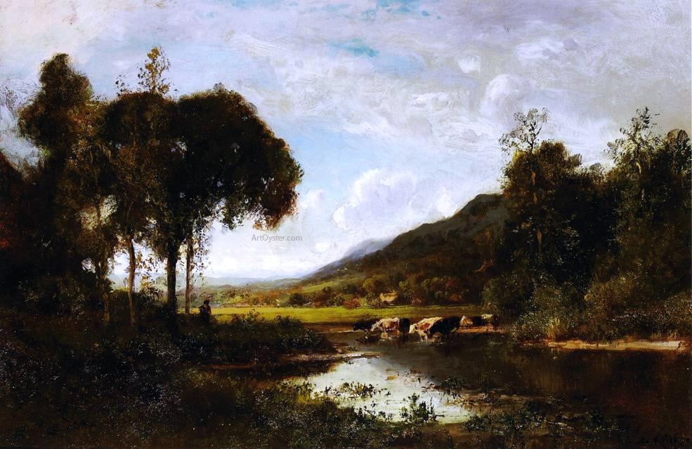 William Keith Cattle Watering at a Pond with a Shepherd Nearby - Canvas Print