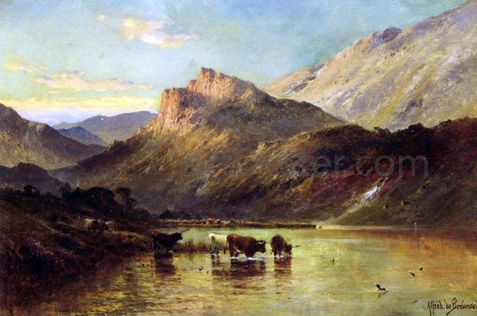 Senior Alfred De Breanski Cattle Watering in a Mountainous Landscape - Canvas Print