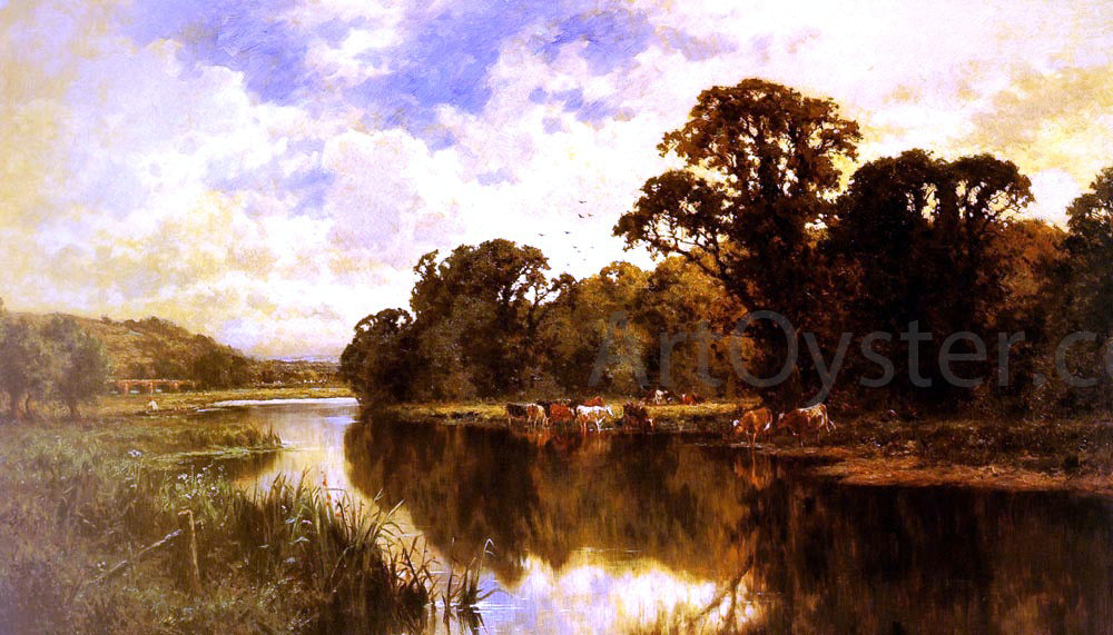 Henry Hillier Parker Cattle Watering on a Riverbank - Canvas Print