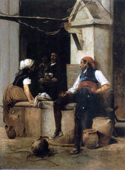 Jehan-Georges Vibert Chatting by the Fountain - Canvas Print