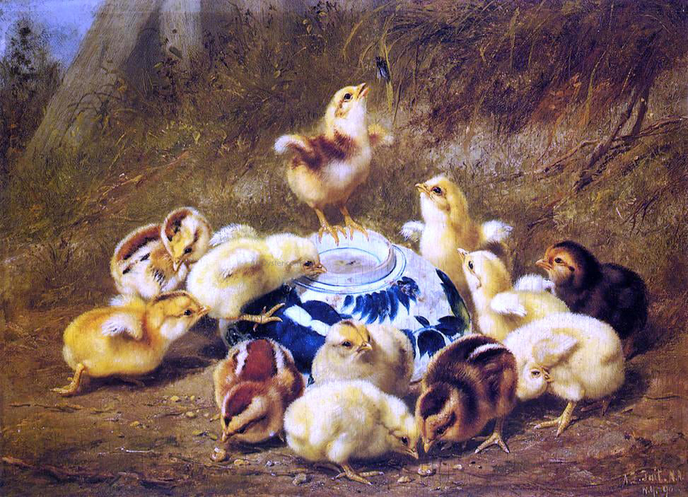 Arthur Fitzwilliam Tait Chicks and Delft Bowl - Canvas Print
